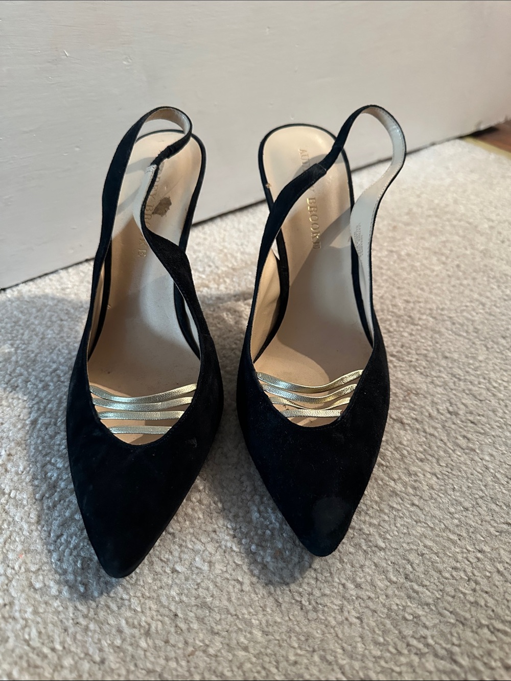 Laura Ashley Black Suede Pointed Slingback Heels with Gold Insole Detail